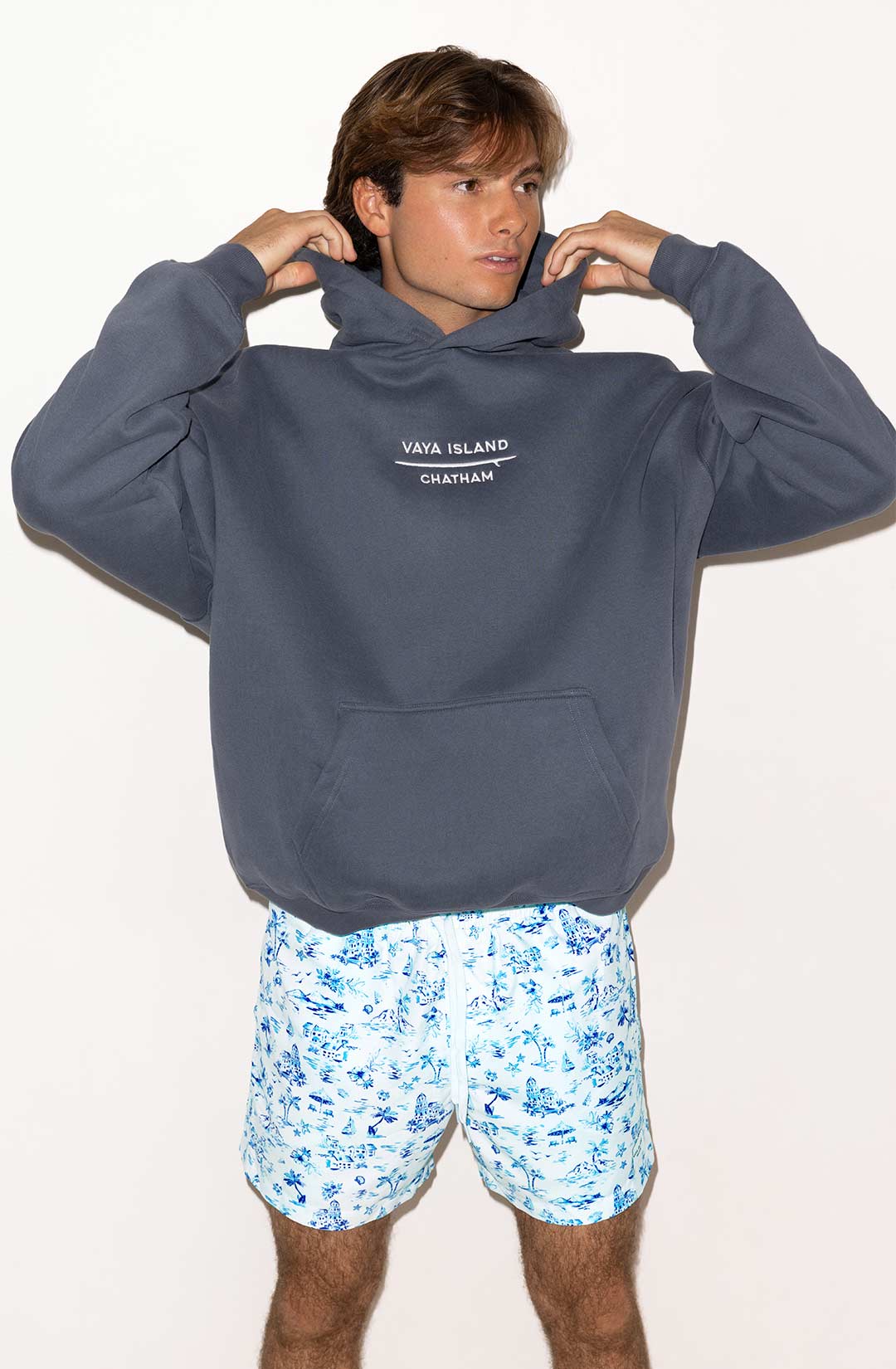 Unisex Embroidered Surf Hoodie (Grey Blue)
